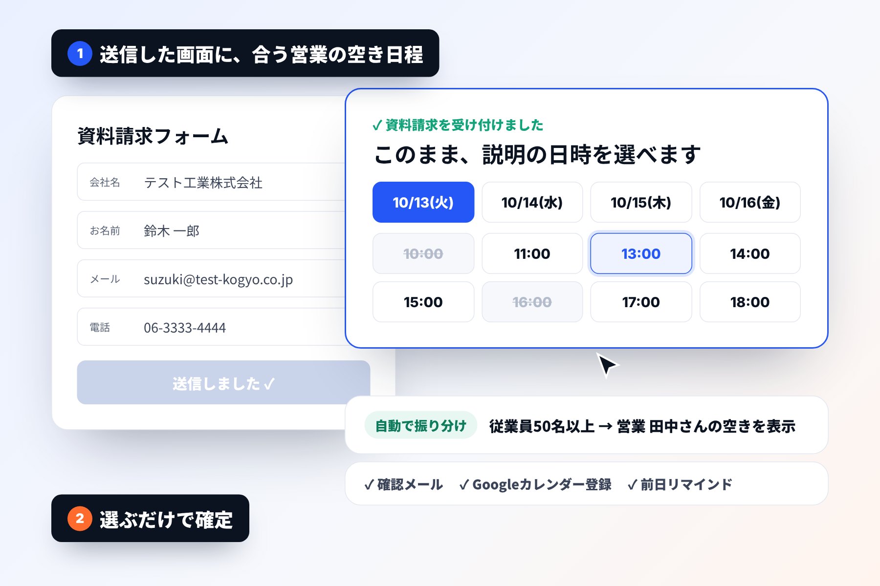 資料請求を送った画面に営業の空き日程が出て、選ぶだけで商談が確定する様子